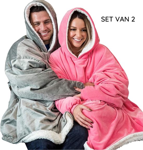 JAXY TV Deken - Oodie - Hoodie Deken - Hoodie Blanket - Deken Met Mouwen - Oversized Hoodie - Fleece Deken - Sherpa - Indoor/Outdoor Coat - Grijs + Roze