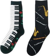 Sokken Heren - zwart - blauw - grijs - rood - geel - leuke print muziek - piano - maat 40 - 46 - cadeau - voor hem