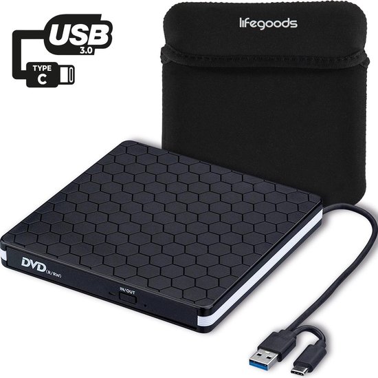 LifeGoods Externe DVD Speler en Brander - DVD/CD Drive voor Laptop of Macbook - Data en Voeding Via USB 3.0 of USB C - Inclusief Beschermhoes en Kabel - Zwart