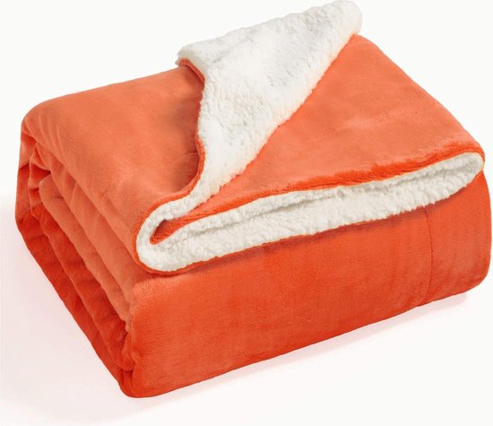 Oranje Sherpa deken, pluizige knuffeldeken/woondeken, super zachte fleece...  | bol.com