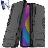 Xiaomi Mi 9 Lite / Mi CC9 Kickstand Shockproof Zwart Cover Case Hoesje - 1 x Tempered Glass Screenprotector A3TBL