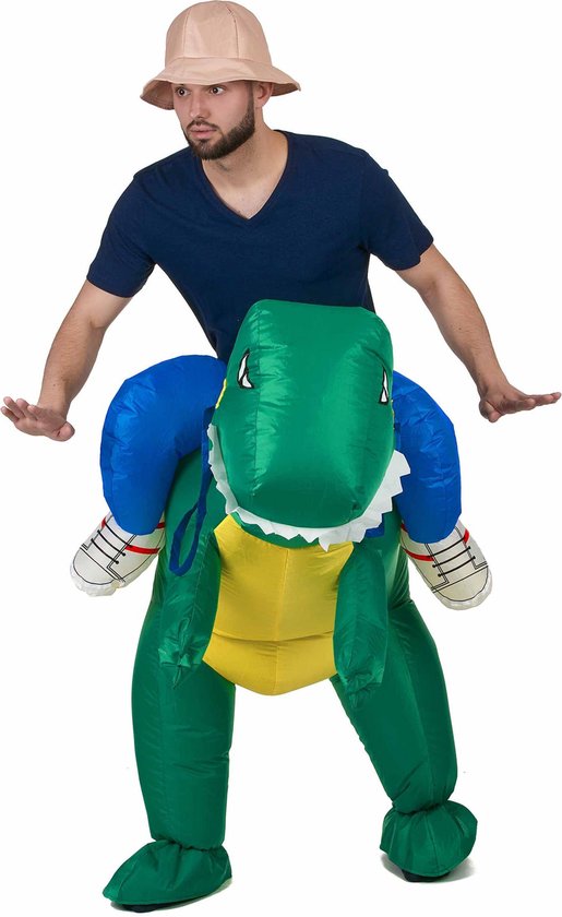 Déguisement homme gonflable sur dos de dinosaure adulte