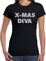 Foute Kerst t-shirt - x-mas diva - zilver / glitter - zwart - dames - kerstkleding / kerst outfit L