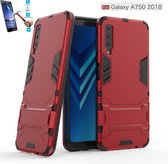 Samsung Galaxy A7 2018 Kickstand Shockproof Rood Cover Case Hoesje - 1 x Tempered Glass Screenprotector