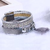 Leren Wikkelarmband Strass, Kraaltje, Ringetje, Tassel Zilver