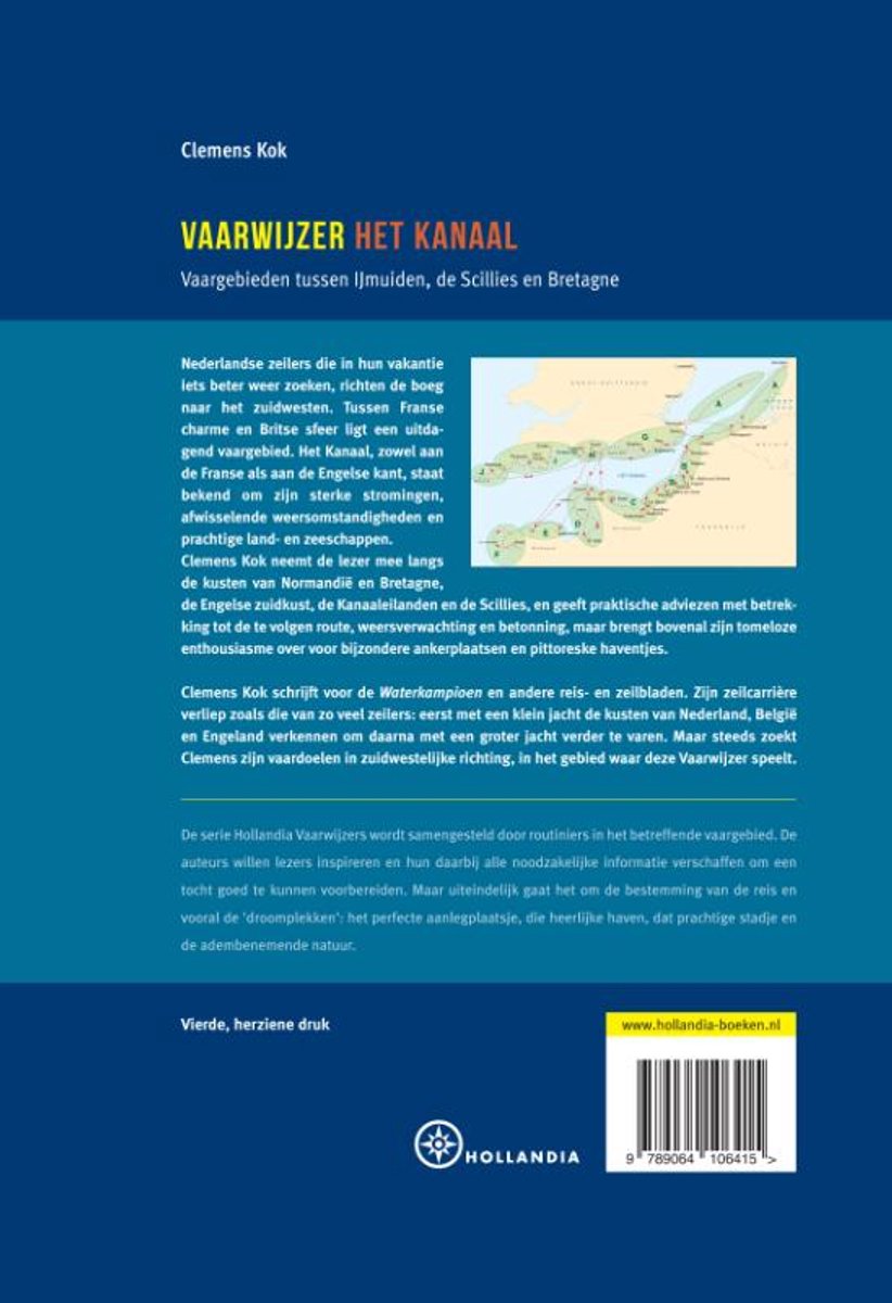 Achterkant van het boek 'Vaarwijzer - Het Kanaal' met tekst en een illustratie van het Kanaal. Rechtsonder een ISBN-barcode.