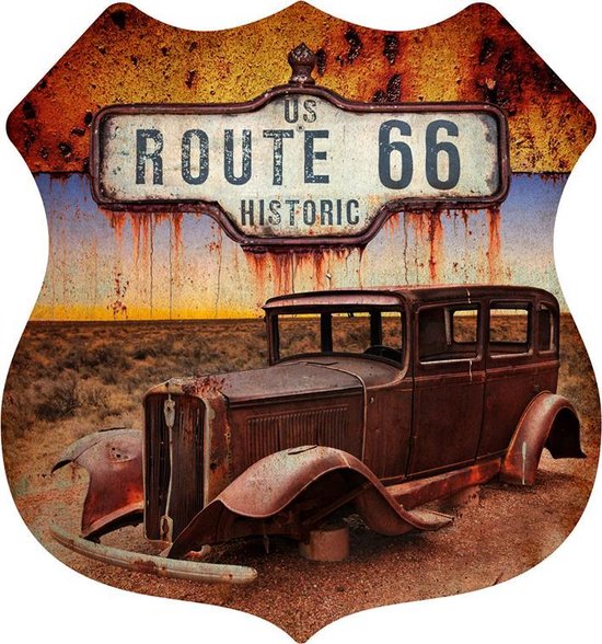 Signs-USA Shield Rusty Car route 66 - Wandbord - 56 x 60 cm