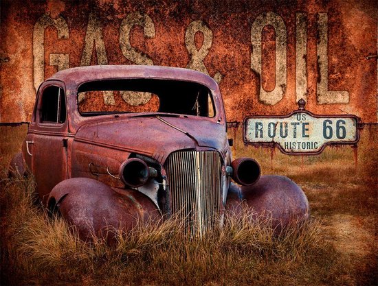 Signs-USA Rusty Car - Gas Oil - Route 66 - Wandbord - 60 x 45 cm