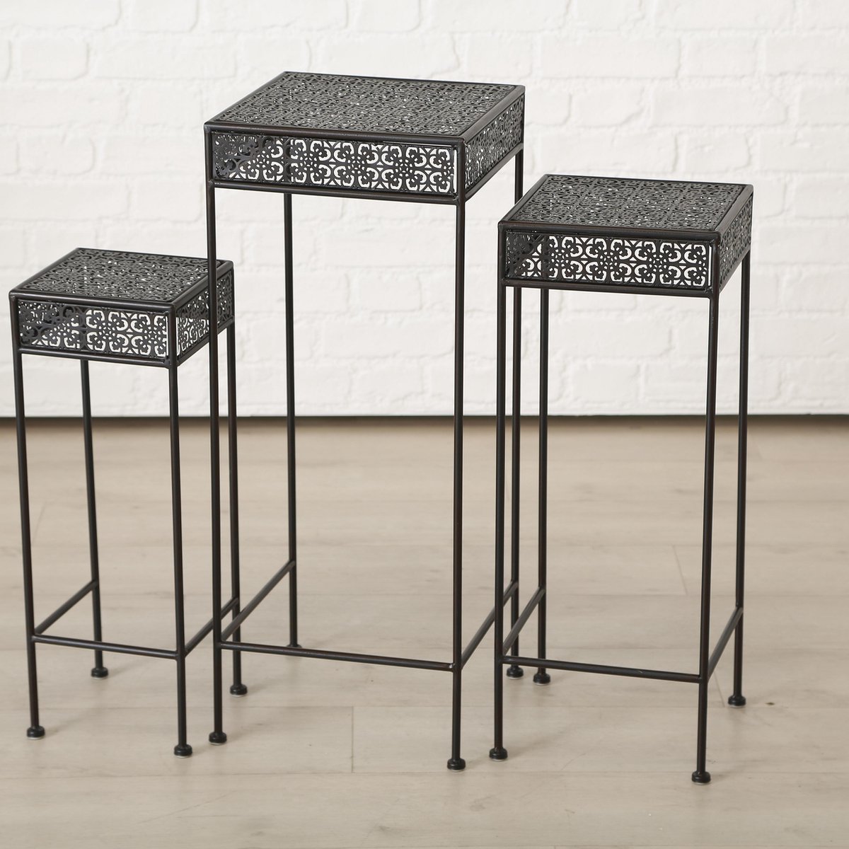 Boltze Bijzet tafel - 3 set - Smeedijzer - vierkant - 55-65-75cm - Bruin/zwart - Boltze
