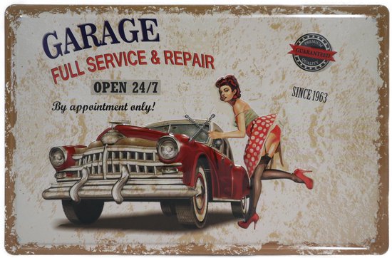 Wandbord – Full service & Repair – Autogarage – Monteur - Reparatie - Auto - Vintage - Retro -  Wanddecoratie – Reclame bord – Restaurant – Kroeg - Bar – Cafe - Horeca – Metal Sign - 20x30cm