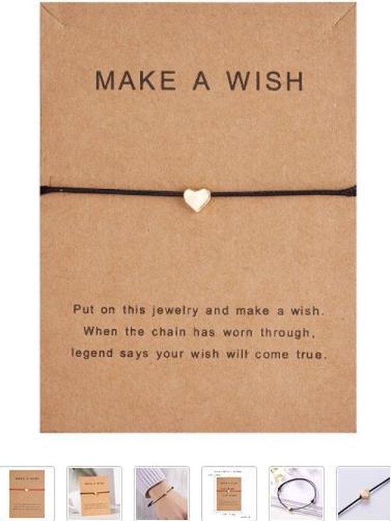 Wish armband - dream - make a wish bracelet - zwart - hanger hart | bol