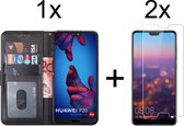Huawei p20 hoesje bookcase zwart wallet case portemonnee book hoesjes hoes cover - 2x Huawei P20 Screenprotector