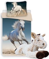 Paarden dekbedovertrek set 140 x 200 cm, incl. Grote super zachte paarden knuffel 32 cm beige, kinderen slaapkamer eenpersoons dekbedovertrek