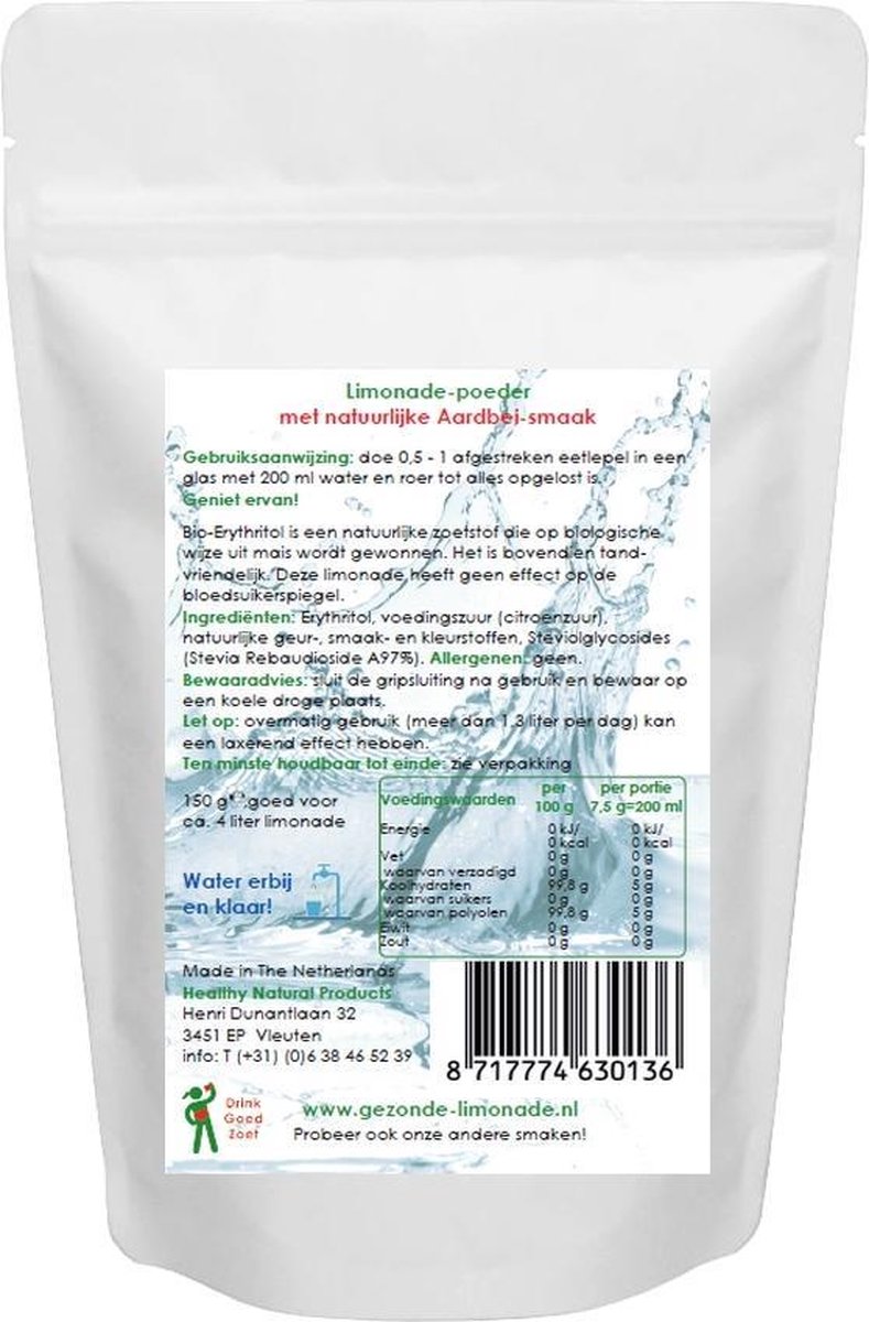 Gezonde Limonade poeder aardbei suikervrij zonder kunstmatige zoetstoffen biologisch...