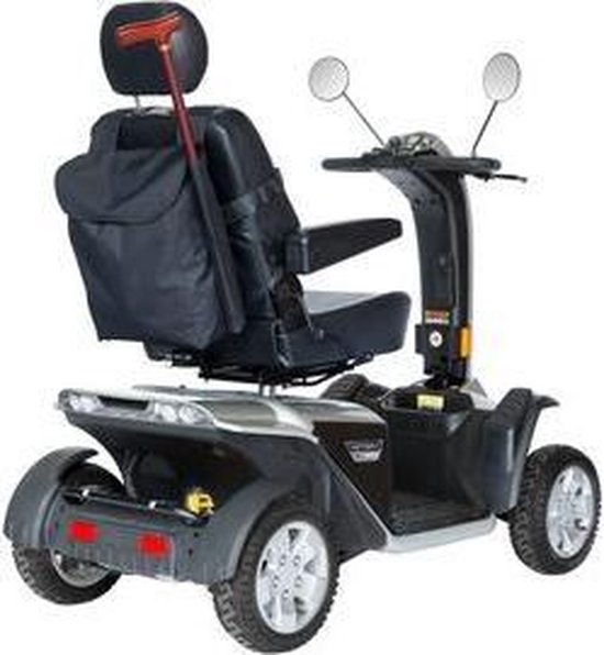 Zwarte scootmobieltas met stokhouder aan de achterkant van de stoel