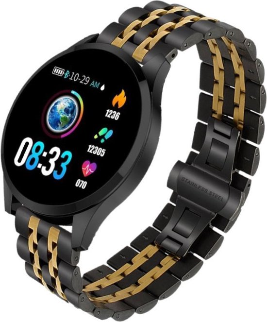 Smartwatch Belesy® BQ7PZwGo - Smartwatch Dames - Smartwatch Heren - Horloge - Stappenteller - 1.3 inch - Kleurenscherm - 10x Sporten - INDOOR en OUTDOOR - Schakelband - Zwart - Goud