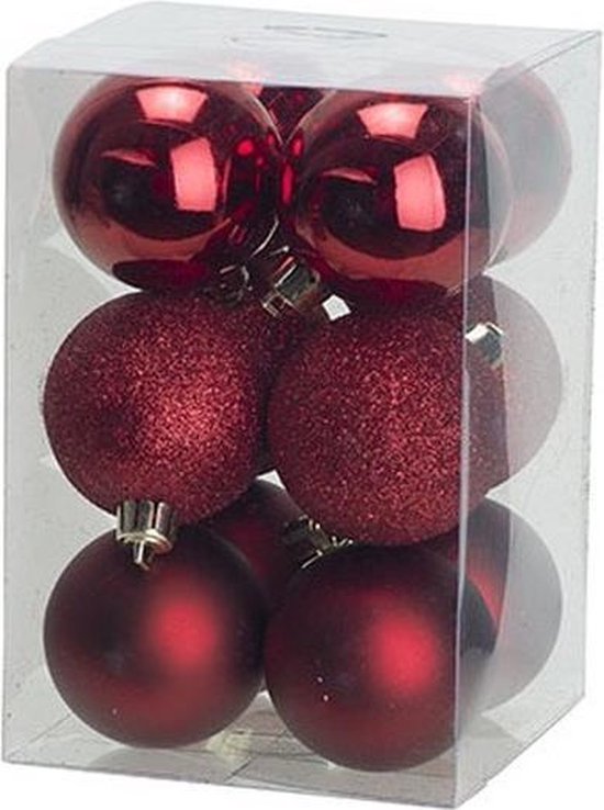 12x Donkerrode kunststof kerstballen 6 cm Mat/glans Onbreekbare