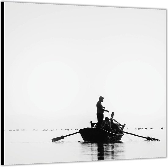 Dibond –Silhouet van Man in Roeiboot– 50x50 Foto op Aluminium (Met ophang)