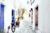 JJ-Art (Aluminium) | Ibiza, Spanje, authentieke steeg, straatje met fiets, planten en blauwe deuren in olieverf look | abstract, stad, sfeer| Foto-Schilderij print op Dibond / Aluminium (meta