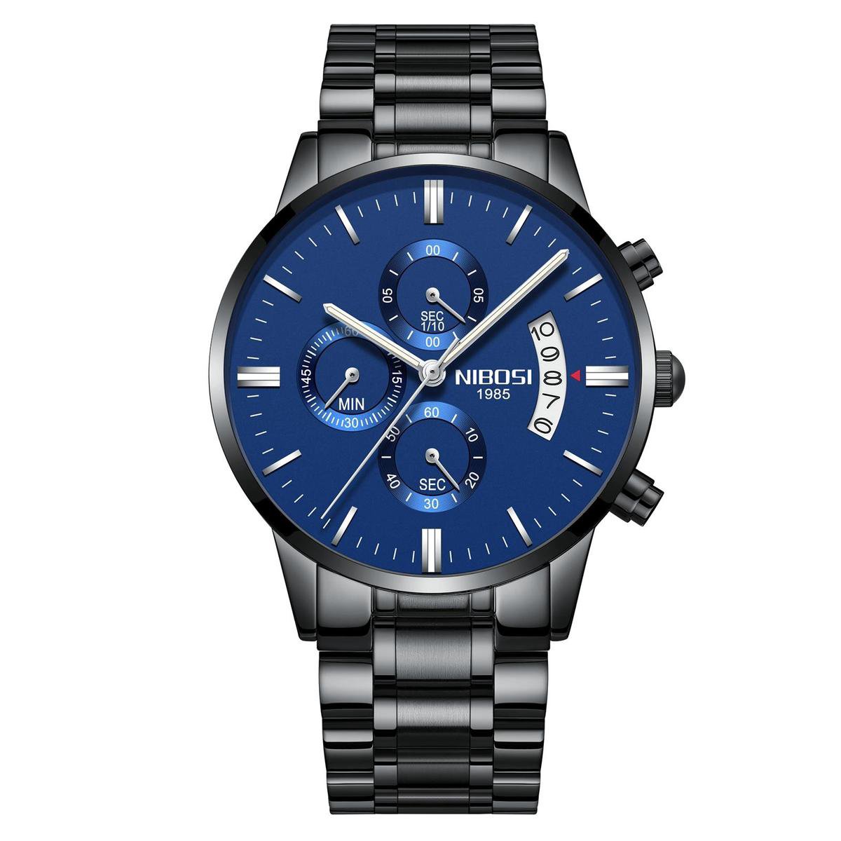 NIBOSI Horloges voor mannen - Horloge mannen - Luxe Zwart-Blauw Design - Heren horloge - Ø 42 mm - Zwart-Blauw - Roestvrij Staal - Waterdicht tot 3 bar - Chronograaf - Geschenkset met verstelbare pin