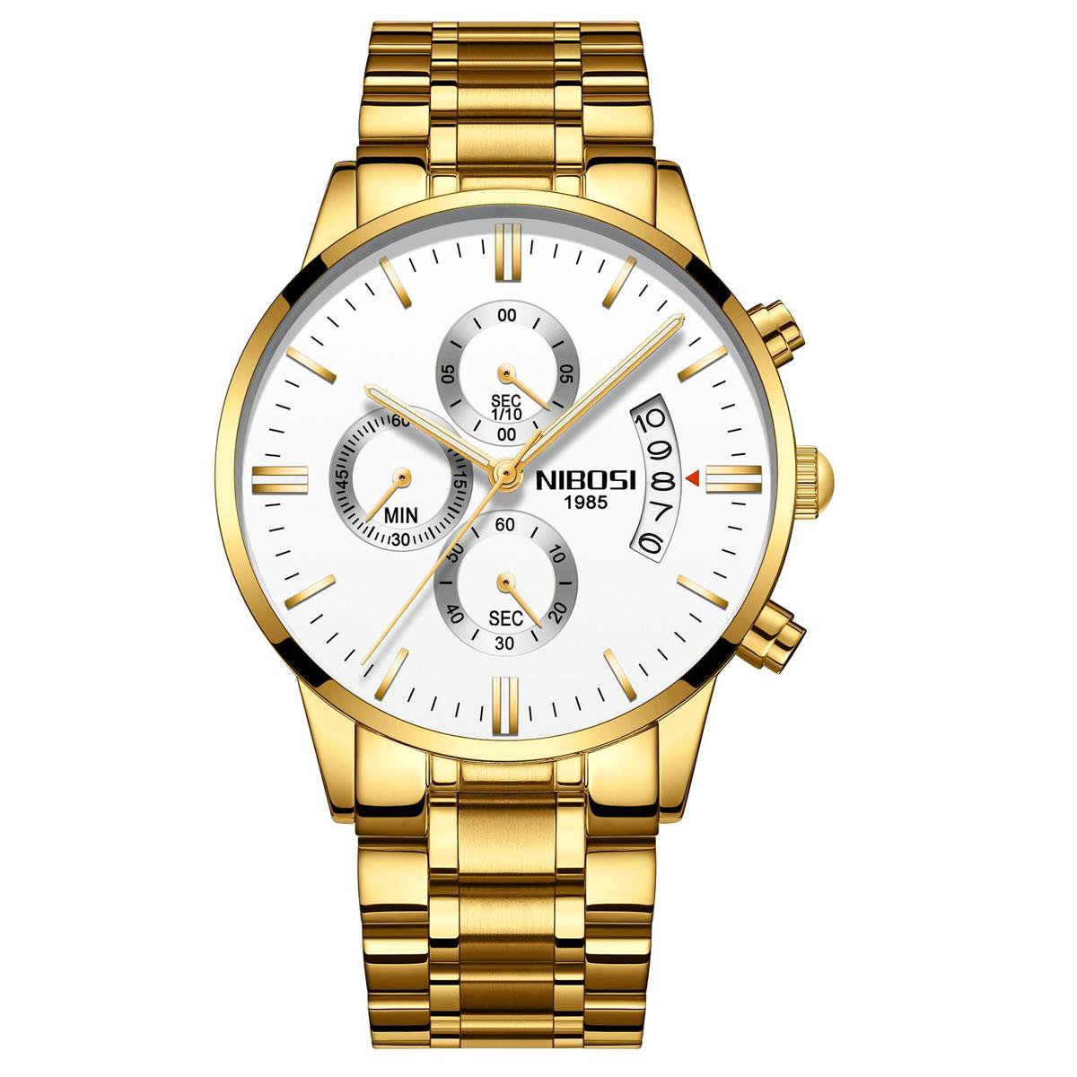 NIBOSI Horloges voor mannen - Horloge mannen – Luxe Goud/Wit Design - Heren horloge - Ø 42 mm – Goud/Wit - Roestvrij Staal - Waterdicht tot 3 bar - Chronograaf - Geschenkset met verstelbare pin