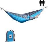 MoreThanHip (Reis)hangmat XXL Relaxzz - Grijs/blauw - 2 Persoons hangmat van lichtgewicht parachutestof met opbergzak - Ligoppervlak 260 x 210 cm - Lengte 290 cm - voor tuin, camping en vakantie