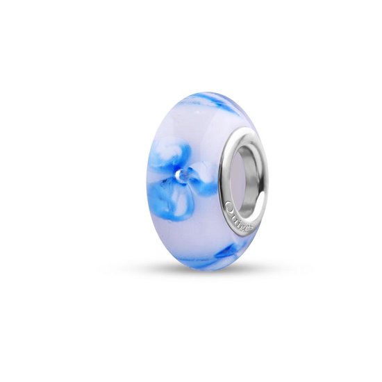 Quiges - Glazen - Kraal - Bedels - Beads Wit met Blauwe Sterretjes Past op alle bekende merken armband NG553