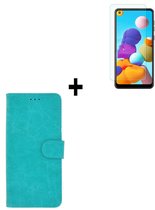 Samsung Galaxy A21 hoes Effen Wallet Bookcase Hoesje Cover Turquoise Pearlycase + Tempered Gehard Glas / Glazen screenprotector Pearlycase