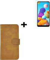 Geschikt voor Samsung Galaxy A21 hoes Effen Wallet Bookcase Hoesje Cover Bruin + Tempered Gehard Glas / Glazen screenprotector Pearlycase