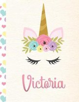 Victoria: Personalized Unicorn Primary Handwriting Notebook For Girls With Pink Name - Dotted Midline Handwriting Practice Paper