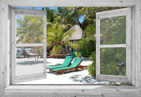 Tuindoek doorkijk - 130x95 cm - openslaand wit venster Tropisch strand met ligstoelen - tuinposter - tuin decoratie - tuinposters buiten - tuinschilderij