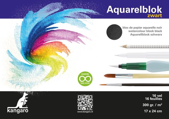 Kangaro aquarelpapier – 24x17cm – 300 grams – 16 vel – zwart – zuurvrij – K-5311