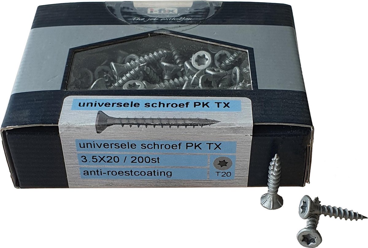 Hout schroef pro. 3,5x20mm. lang. verzinkt. platkop-torx. 200 stuks universele schroeven. Ifix-pro.