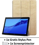 Smart Cover Book Case Hoes Geschikt Voor Huawei Mediapad T5 10.1 Inch - Tri-Fold Multi-Stand Flip Sleeve - Front & Back Beschermhoes Met Screen Protector & Stylus Pen - Goud
