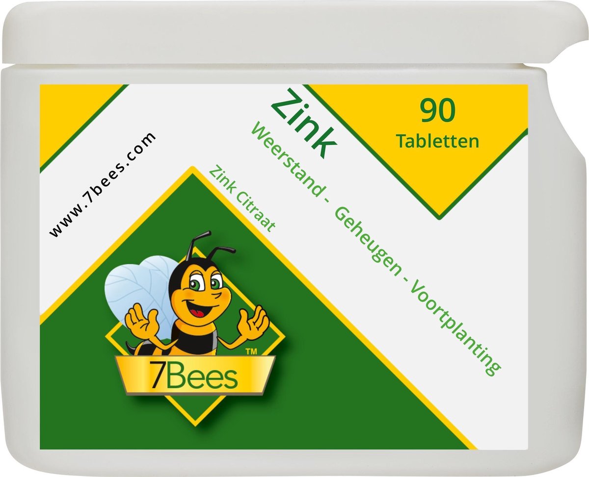 Goedkoopste Zink - 22,5 mg - 90 Tabletten - Goed Opneembare Zink Citraat - Gezonde Botten-Haar-Nagels-Huid - Versterkt de weerstand - Goed voor Geheugen-Concentratie-Voortplanting-Vruchtbaarheid | 7Bees
