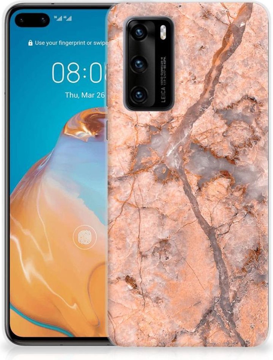 Huawei P40 TPU Siliconen Hoesje Marmer Oranje