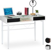 Relaxdays bureau glas - computertafel - kabeldoorvoer - laptoptafel - glastafel - lades - Wit / wit
