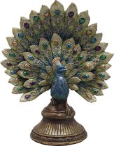 Clayre & Eef Decoratie Beeld Pauw 22*12*30 cm Blauw, Goud Kunststof Decoratief Figuur Decoratieve Accessoires Woonaccessoires