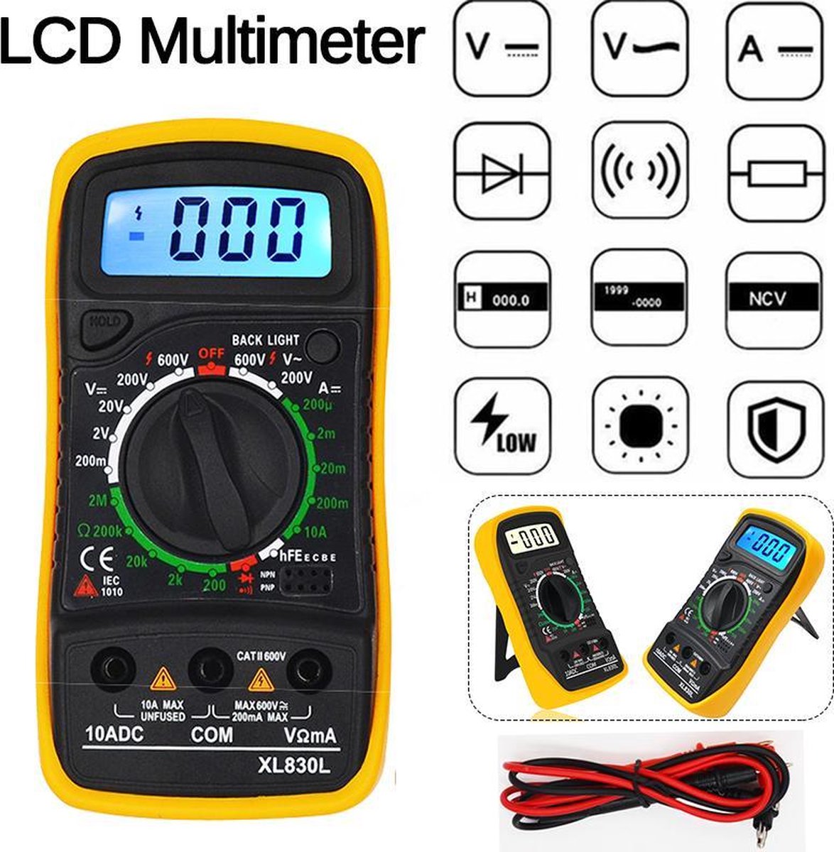 DrPhone Digitale Multimeter - Digitale display & Achtergrondverlichting - Voltmeter - Verbindingsmeter - Voltage - Ohm meter