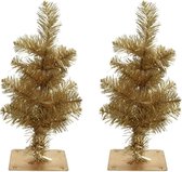 2x stuks gouden kunst kerstbomen 35 cm met 28 takjes en metalen voet - Miniboompjes / kleine kerstbomen