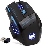 Draadloze muis Wireless Mouse, 2,4 GHz 7 toetsen 2400dpi blauw LED optische gamer muis draadloos muizen voor notebook, PC, Mac, laptop (zwart)