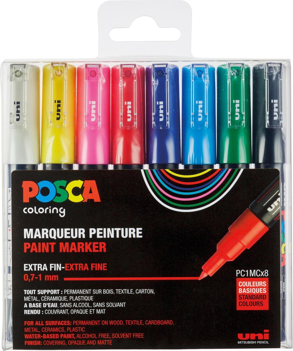 Krijtstift – Fineliner – Universele Marker – Standaard Kleuren – Uni Posca Marker – PC-1M – 0,7mm – 8 stuks