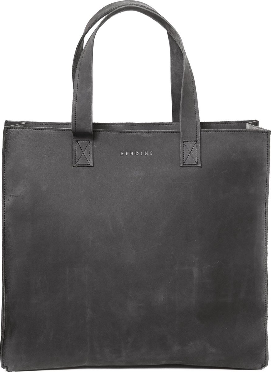 BERDINE | Grote leren shopper met rits | off-zwart, antraciet | grote leren tas met binnenvak, schoudertas, tote bag | modern minimalistisch esthetisch casual elegant eenvoudig