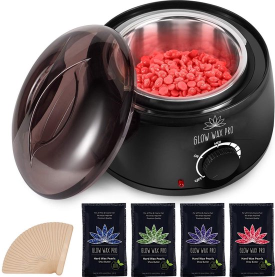 Glow Wax Pro Ontharing Set - Inclusief 4x Wax Bonen en 20 Houten Spatels - Wax apparaat - Geschikt voor het Ontharen van Lichaam en Gezicht - Ontharingsapparaat - Harsapparaat - Harsverwarmer - Hars Verwarmer Apparaat - Wax Beans Heater - GLOW WAX PRO