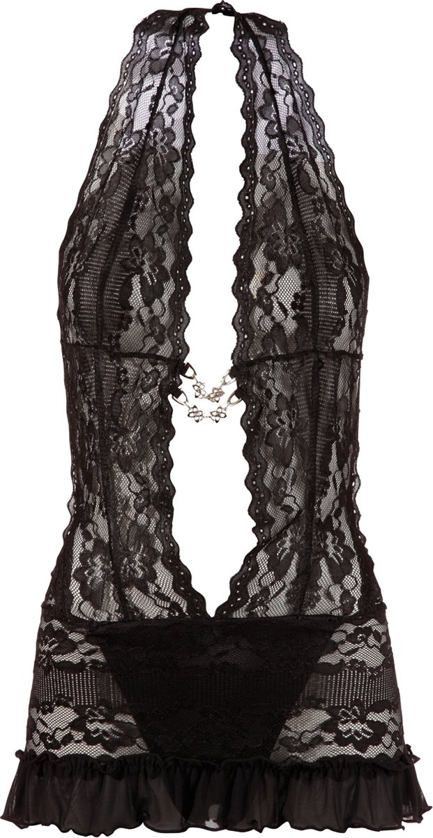 Goedkoopste Cottelli Collection – Erotische Jurk met Open Voorzijde met Strass Elementen en Open Kruis – Maat XL - Zwart