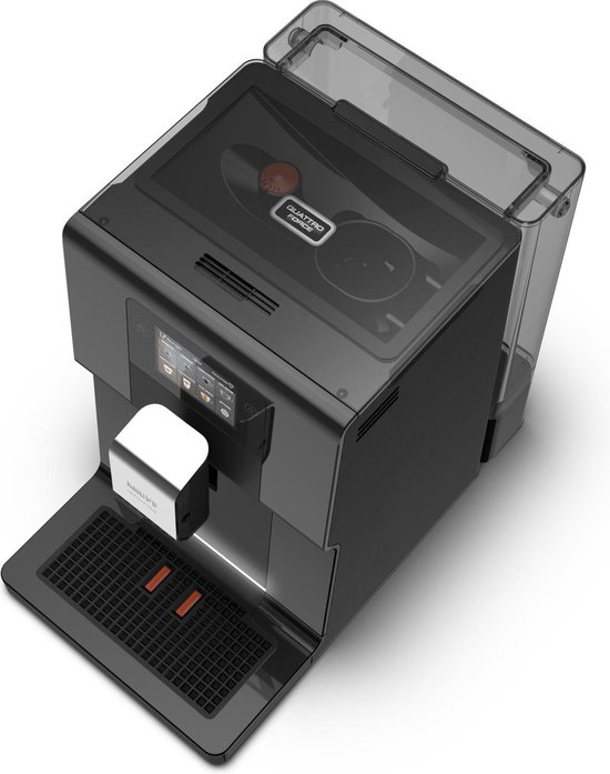 Bovenaanzicht van de zwarte Krups Intuition volautomatische espressomachine, deksel open.