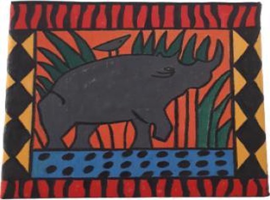 Jacqui's Arts & Designs - African design - handbeschilderd tegel - handbeschilderd op stof - kleurrijk - oranje - rood - keramische tegel - kinderkamer - neushoorn - Afrikaans geïnspireerd