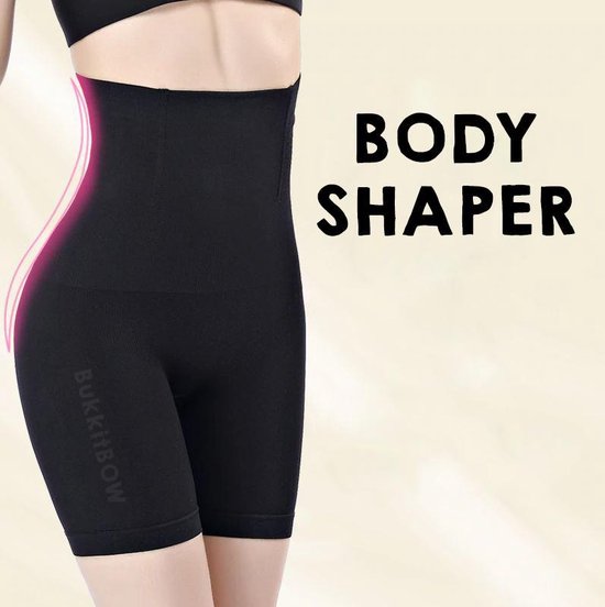 Zwarte, naadloze body shaper met hoge taille en shorts van BukkitBow. Benadrukt een zandloperfiguur.