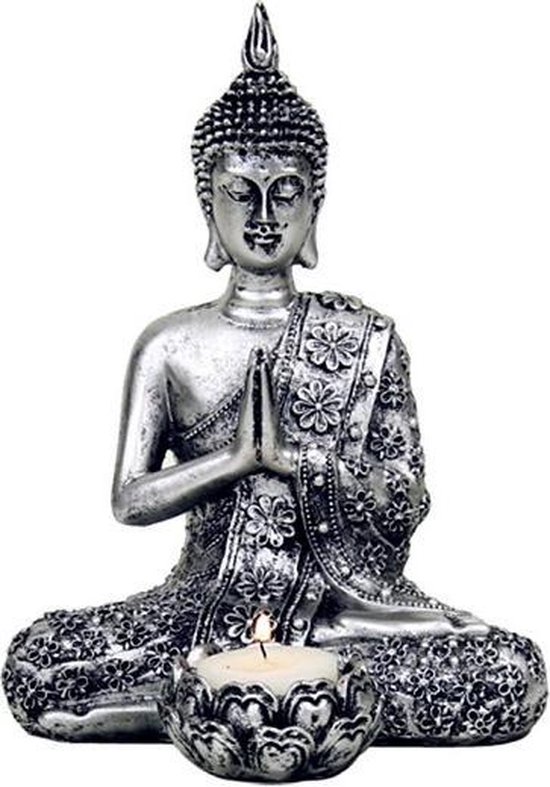 Edelsteen betalen moeilijk Boeddha met kaarshouder zilverkleurig - 20.5 - Polyresin - M | bol.com