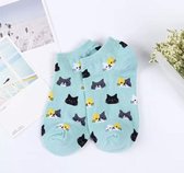 Enkelsokken met kattenkopjes kleur lichtblauw Unisex Sokken - kat- kattensokken maat 36-41